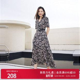 连衣裙1242N79XD5 黑白玫瑰花短袖 婉甸2025夏季 新品