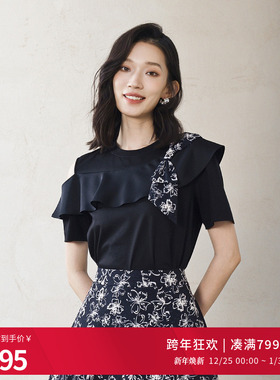 婉甸2025夏季新品黑色拼接短袖T恤圆领拼贴短袖1242T12RS2