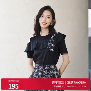 T恤圆领拼贴短袖 黑色拼接短袖 1242T12RS2 新品 婉甸2025夏季