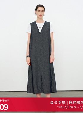婉甸2026夏季新品牛仔蓝亚麻连衣裙直筒裙休闲无袖裙子1252N01DX1