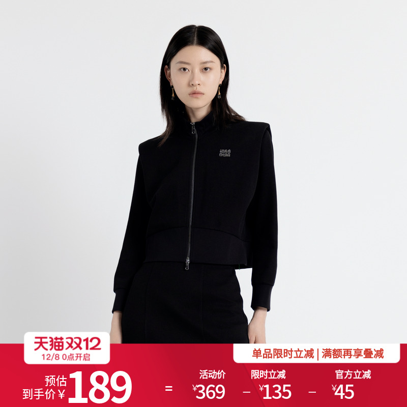 婉甸2025年秋季新品黑色拉链运动风长袖翻领式收腰外套1243O04GL2