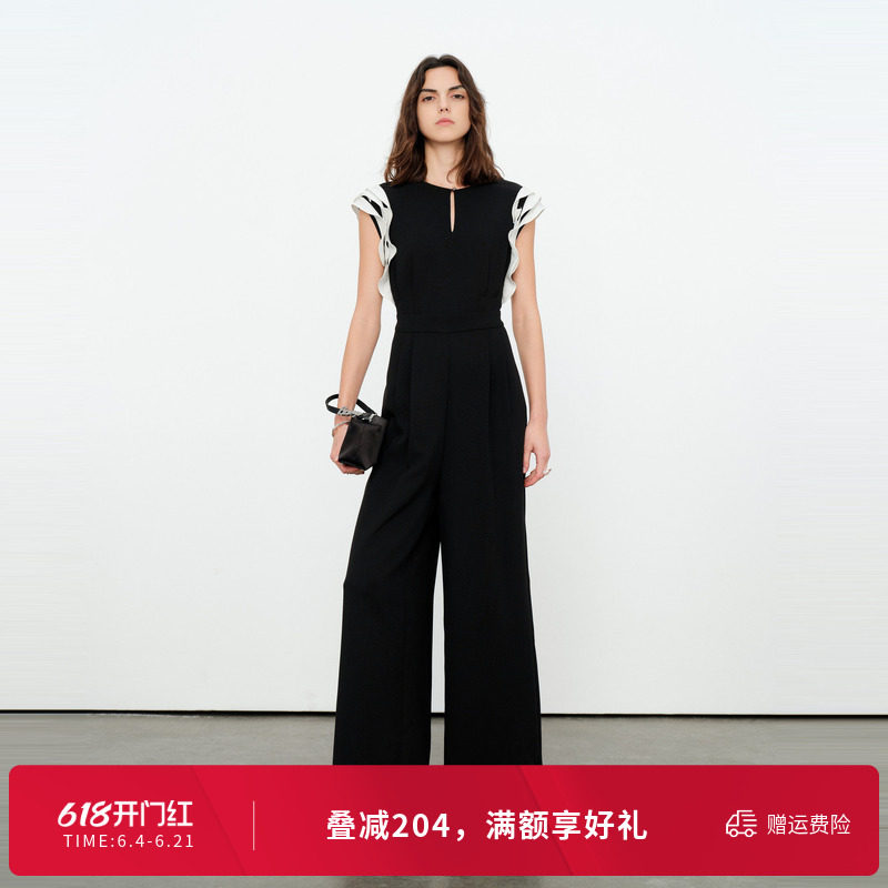 婉甸2026夏季新品拼接连身高腰荷叶边阔腿裤连体衣长裤1252J01JD3