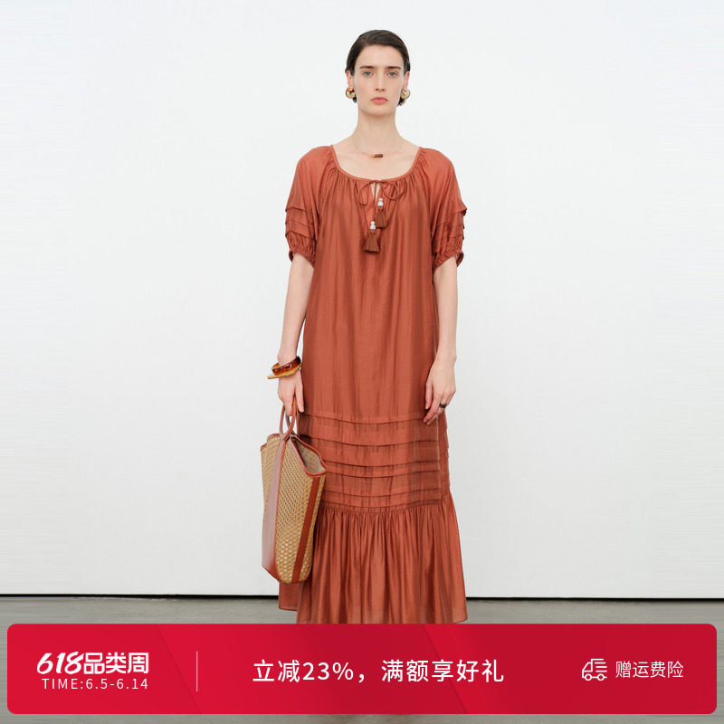 婉甸2026夏新品雅丹橘休闲宽松短袖直筒裙莱赛尔连衣裙1252N07RS2