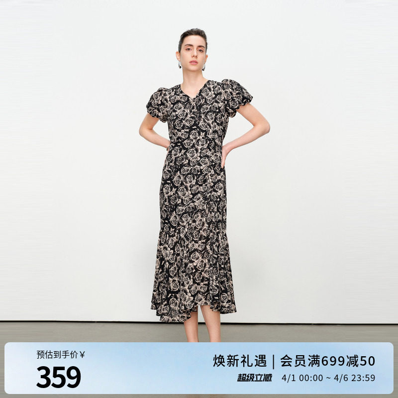 婉甸2025夏季新品黑白玫瑰花短袖连衣裙1242N80XD5