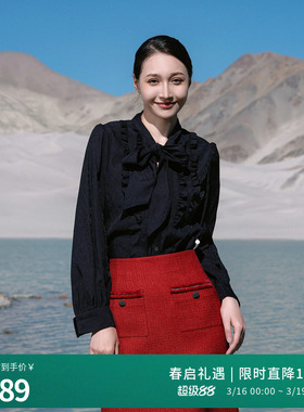 婉甸2025黑色长袖衬衫瑞丽风H型系带蝴蝶结1241S03XJ1