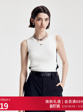 婉甸2026春季新品古瓷白毛织背心黑边撞色修身针织上衣1251G02SX2