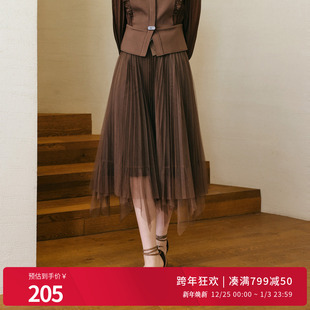 婉甸2025年秋新品 黑巧克力色纱裙黑丝绒轻奢毛织半裙1243K05RS2YX