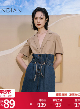婉甸牛仔蓝拼接连身短裤夏季新品西装领腰部抽绳1232J04DJ6