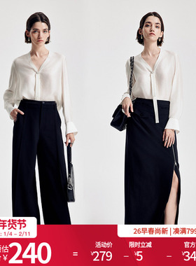 婉甸2026春季新品米白色/橡木棕V领珍珠扣衬衫贵气典雅1251S06ZY1