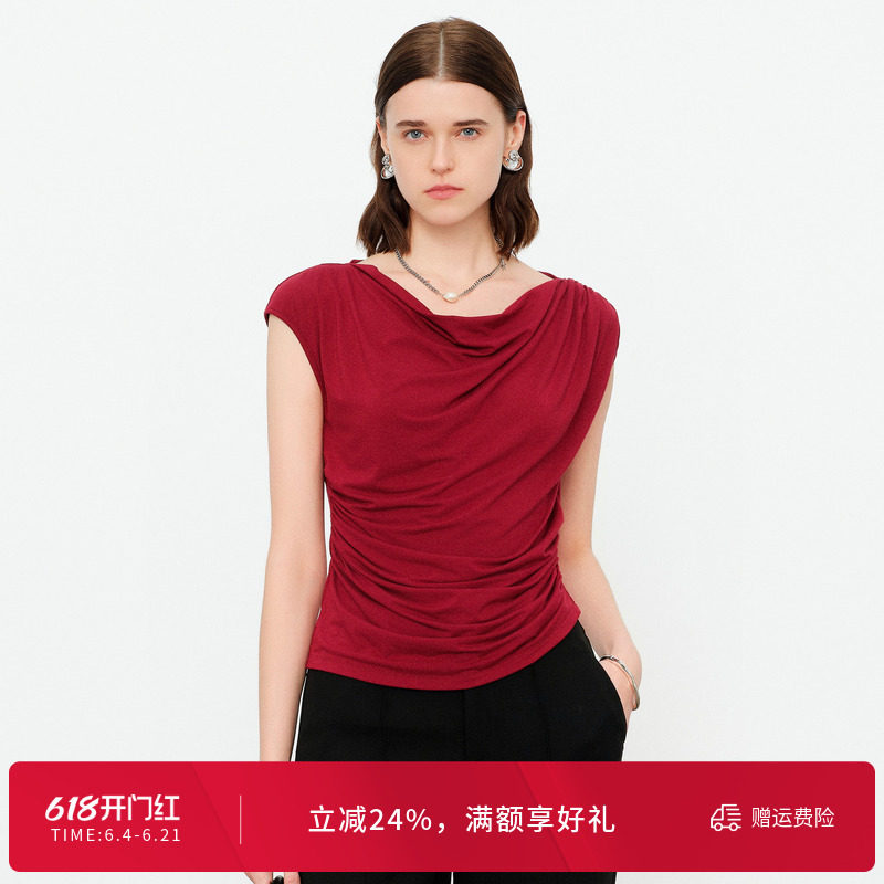 婉甸2026夏季新品马斯红短袖优雅风修身型纯色无袖T恤1252T07YJ3