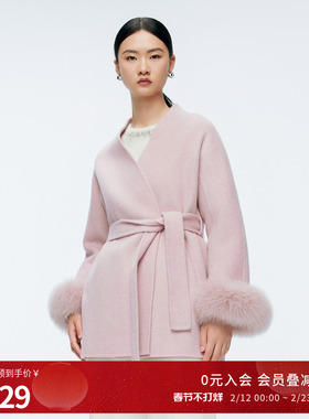 婉甸2025年冬季新品冰粉色中长款系腰带双面呢毛呢大衣1244C17JN4