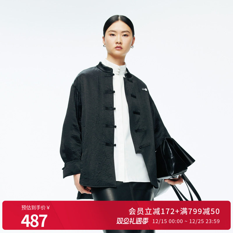 婉甸2025年冬季新品黑色中长款蚕丝新中式国风气质外套1244R01DM1