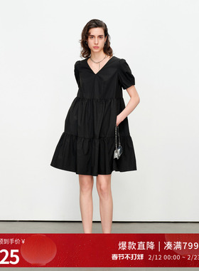 婉甸2025夏季新品黑色/克莱茵蓝短袖连衣裙1242N61SX2