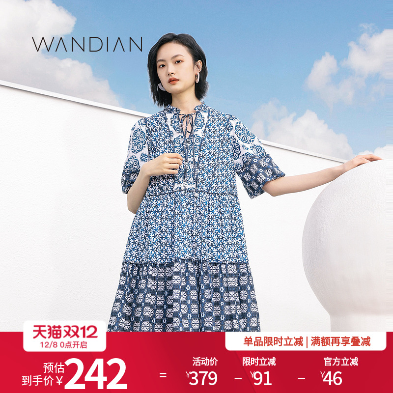 复古靛蓝拼接连衣裙夏季新品