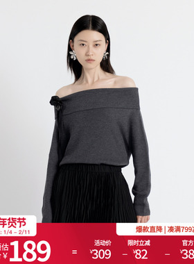 婉甸2025年秋季新品岩石灰长袖毛织露肩上衣时尚套头衫1243W16DM4