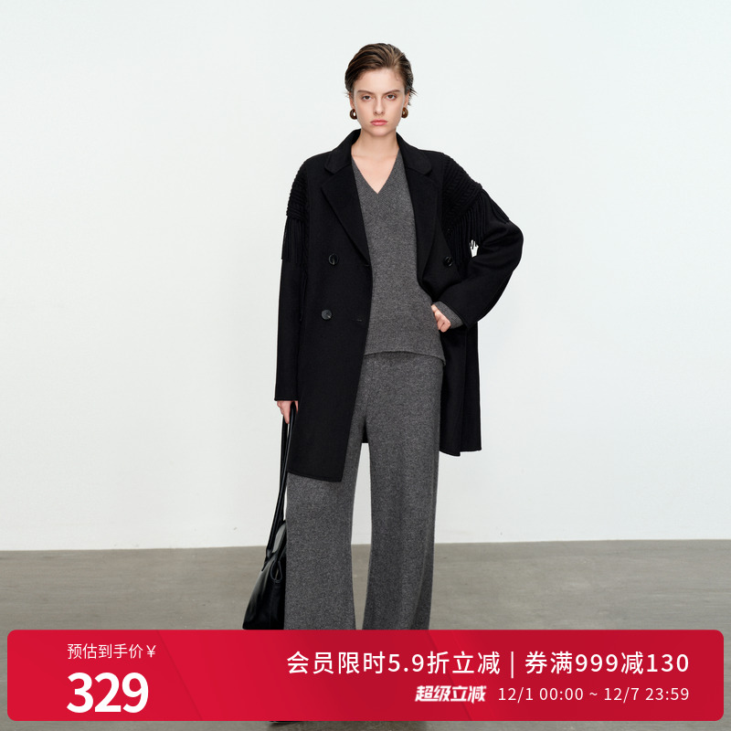 婉甸黑色双面呢中长款大衣