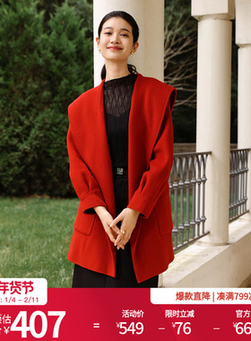 婉甸富贵红双面呢大衣冬季H型口袋呢料外套1234C03DJ2