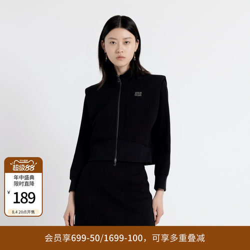 婉甸秋季黑色拉链运动风长袖翻领式收腰外套1243O04GL2