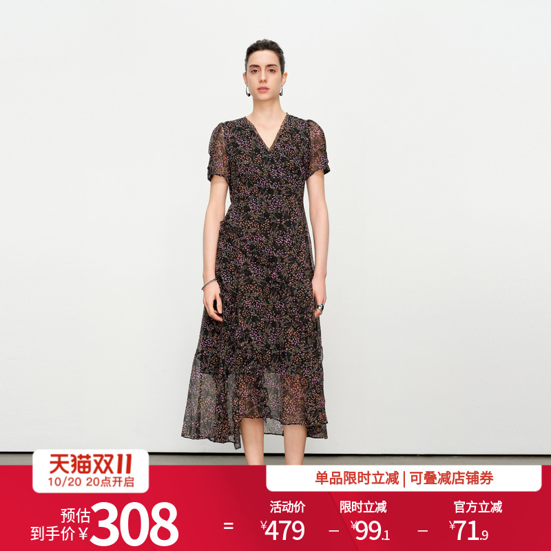 黑底粉色小碎花连衣裙