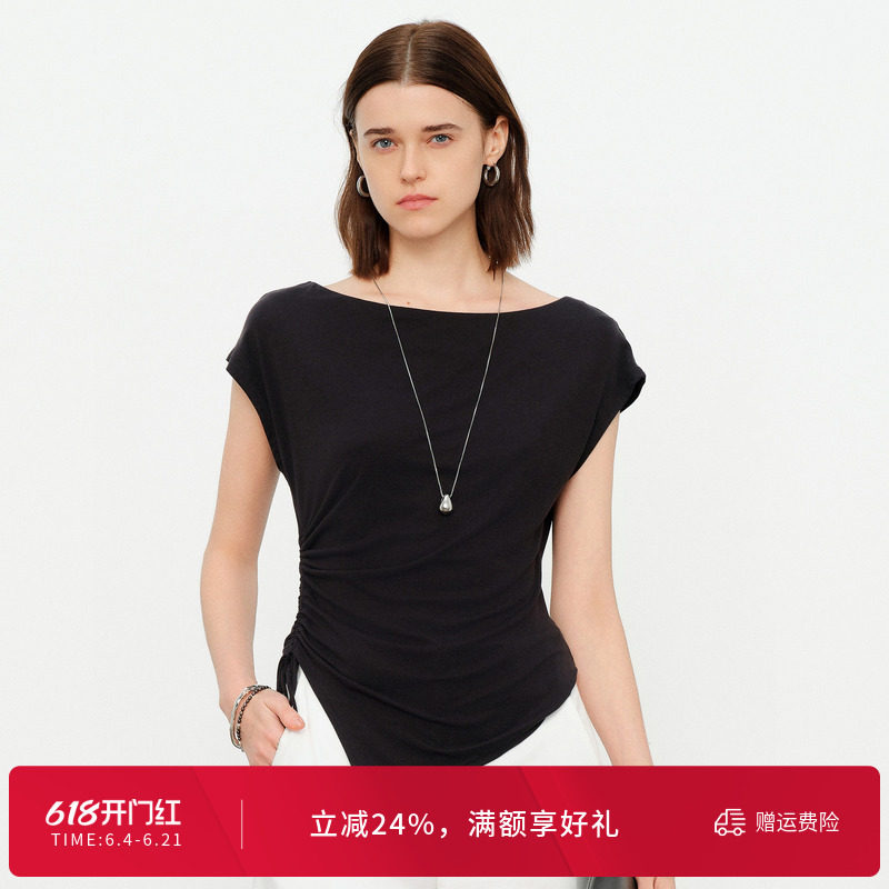 婉甸2026夏季新品黑色/羽白落肩袖一字领莱赛尔T恤短袖1252T06JD3