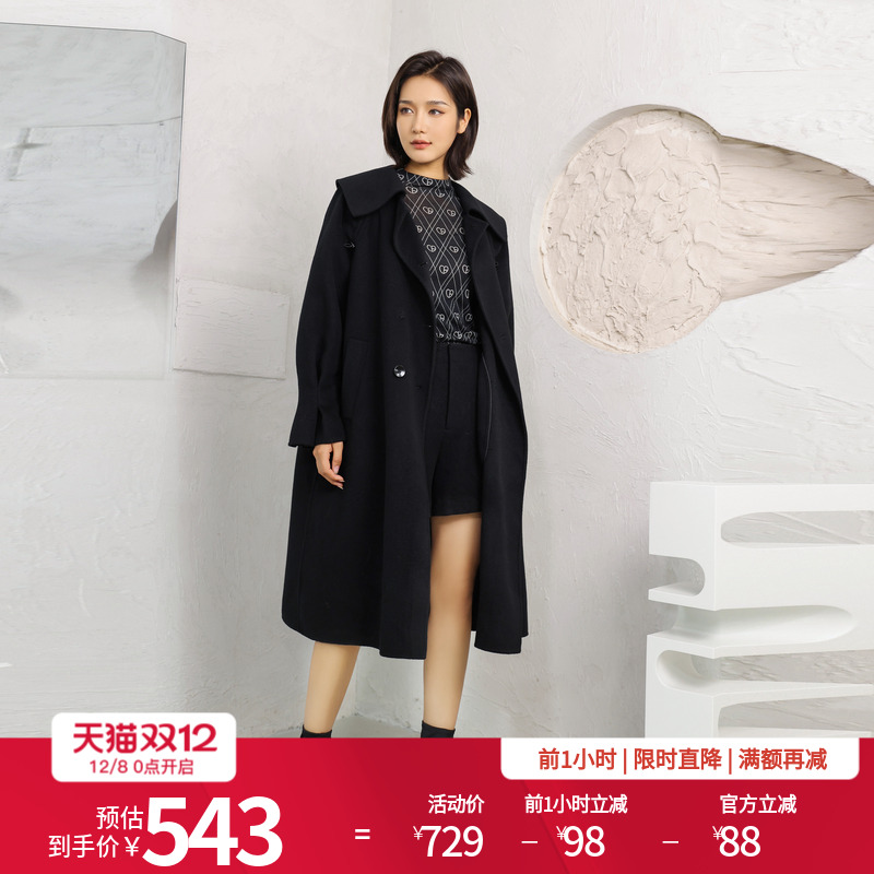 婉甸黑色双面呢中长款大衣