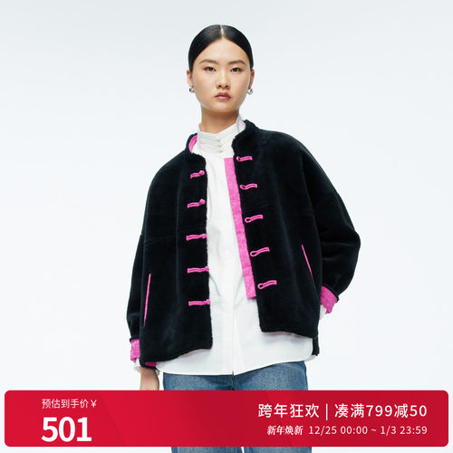 婉甸2025年冬季新品黑色拼接双面可穿新中式毛呢外套女1244O08DM5