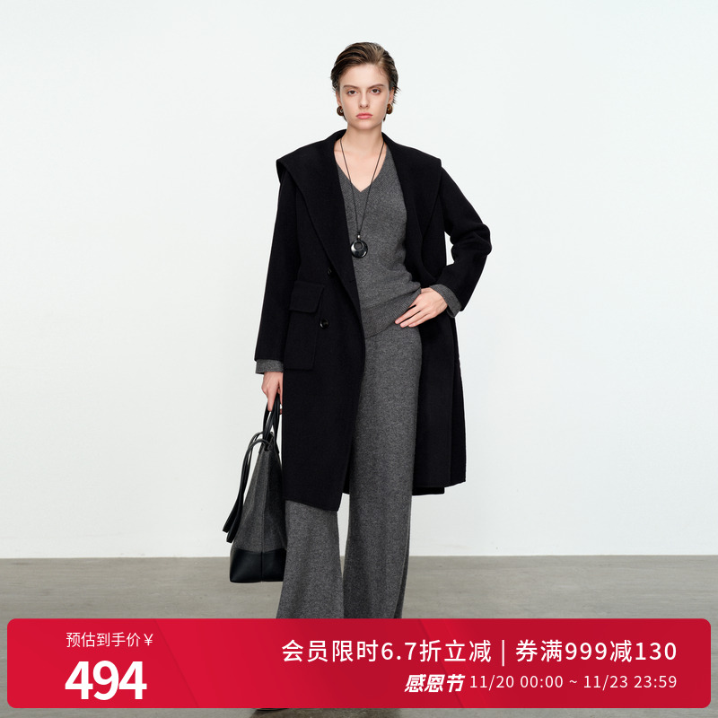 婉甸黑色双面呢翻领大衣