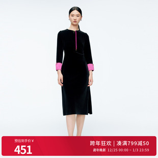 婉甸2025年冬季 黑色拼接丝绒优雅连衣裙1244N01DM1 新品