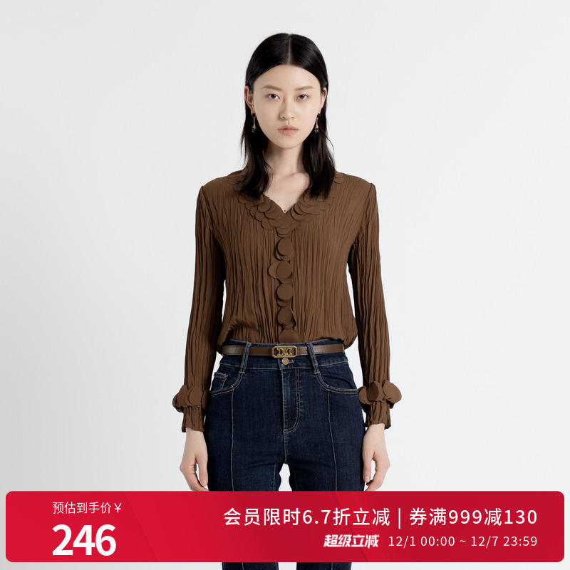 坚果棕色花瓣套头上衣