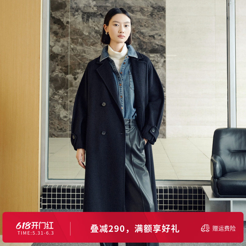 婉甸冬季黑色双面呢中长款保暖大衣毛呢外套1244C06DM2