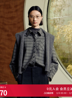 婉甸2025年冬季新品深岩石灰格纹烫钻重工宽松衬衫1244S04GS1