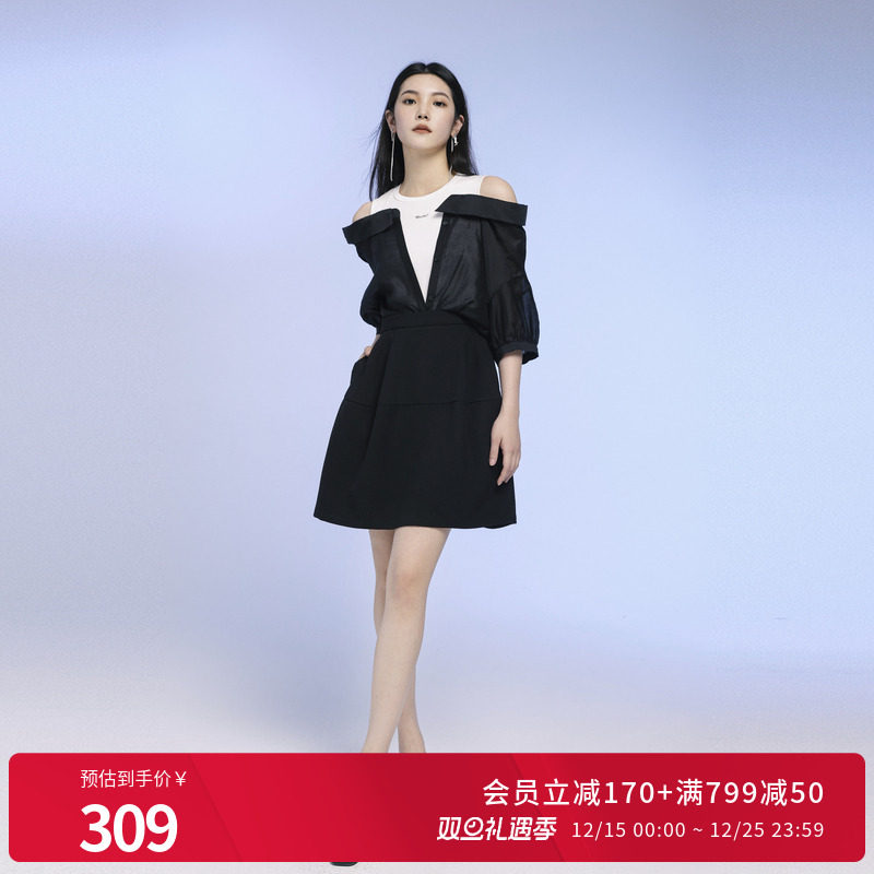 婉甸2025夏季新品黑色中袖连衣裙1242N06SX1YX