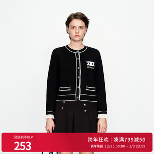 1241W05XJ1 优雅风针织衫 婉甸2025黑色撞边长袖 毛织开衫