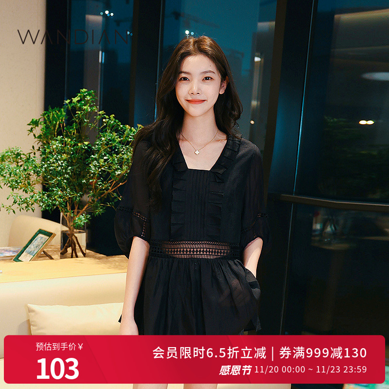 婉甸黑色蕾丝拼接套头上衣夏季新品女装宫廷雪纺衫1232H08DJ4YX