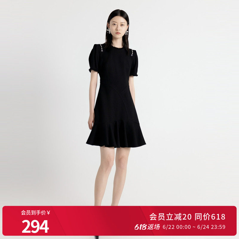 婉甸秋季耀石黑短袖连喇叭花灰色A字连衣裙1243N03DY2
