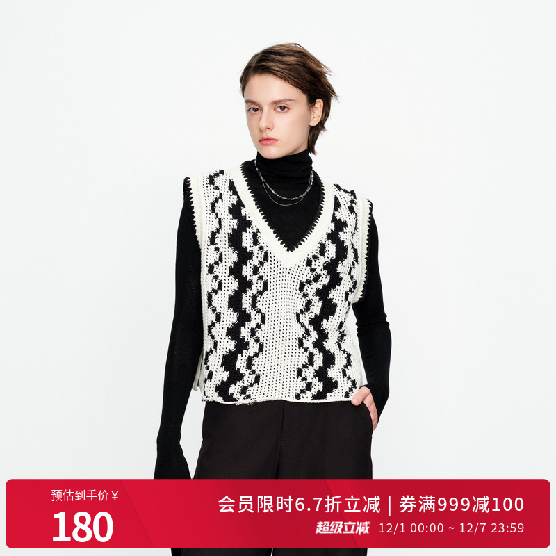 婉甸黑白无袖毛织套头衫针织马甲