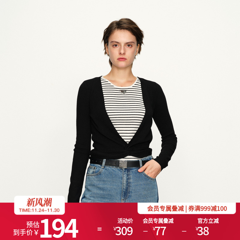 婉甸黑色假两件毛织套头衫