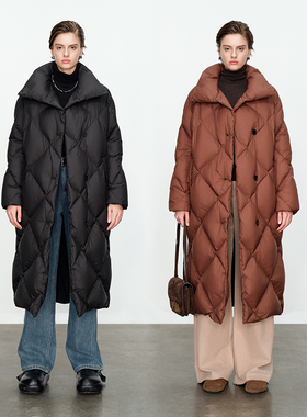 婉甸/黑色咖色长款羽绒服冬季H型宽松款格纹1234D81DS4