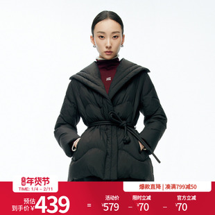 婉甸2025年冬季新品黑色中长款系腰带女宽松高腰羽绒服1244D04ZY3