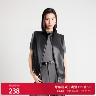 外套女1243V03GL2 耀石黑毛织皮马夹polo领无袖 婉甸2025年秋季 新品