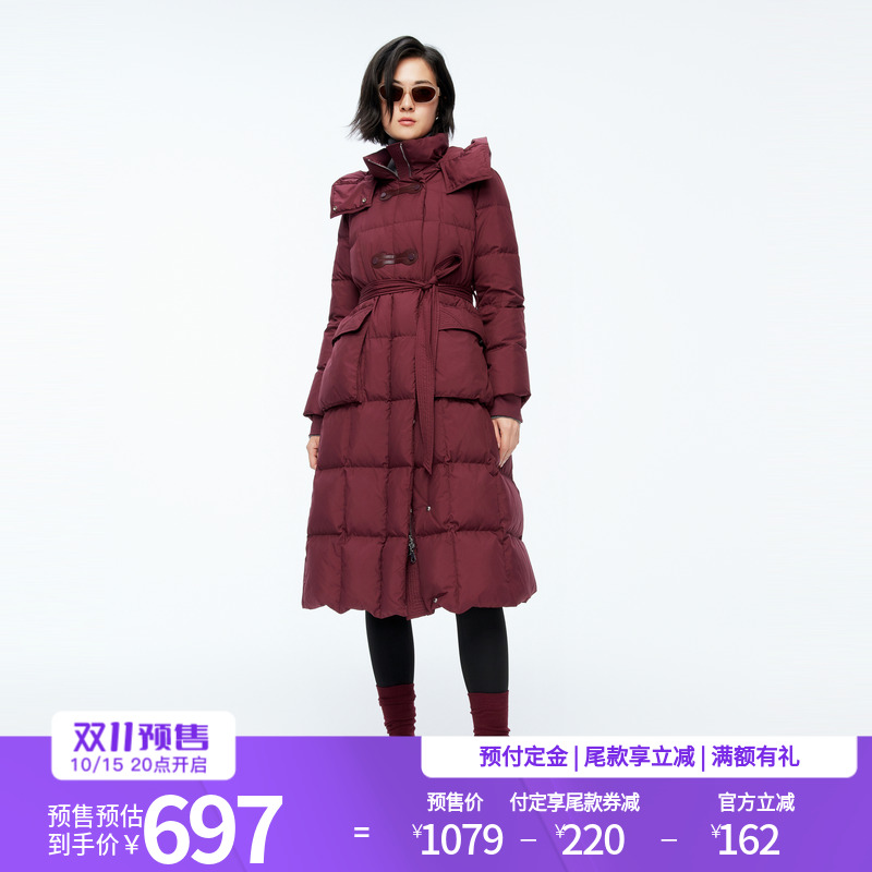 婉甸2025年冬季新品安可拉红女中长款收腰腰带羽绒服1244D18GS3