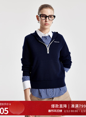 婉甸2026春季新品学院蓝连帽毛织套头衫H型长袖羊毛衫1251W07SX2