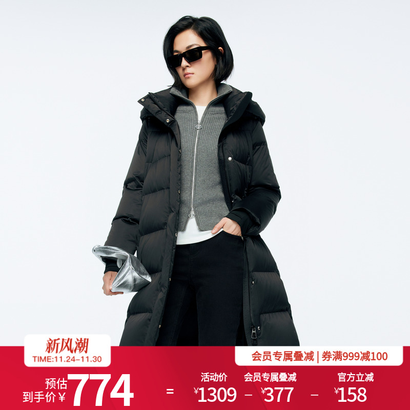 婉甸2025年冬季新品黑色长款连帽百搭时尚羽绒服女1244D37SX5