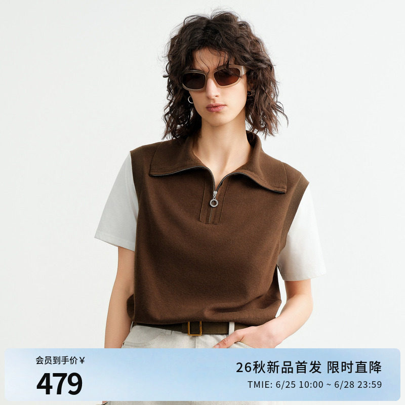 婉甸26秋新品橄榄绿/陨石灰假两件绵羊毛针织套头衫1253W03DS1