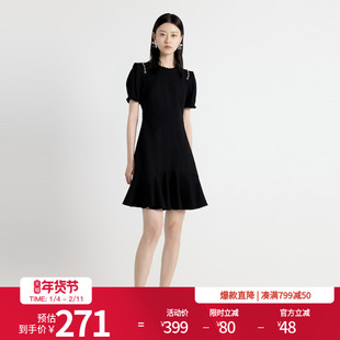 婉甸2025年秋季新品耀石黑短袖连喇叭花灰色A字连衣裙1243N03DY2