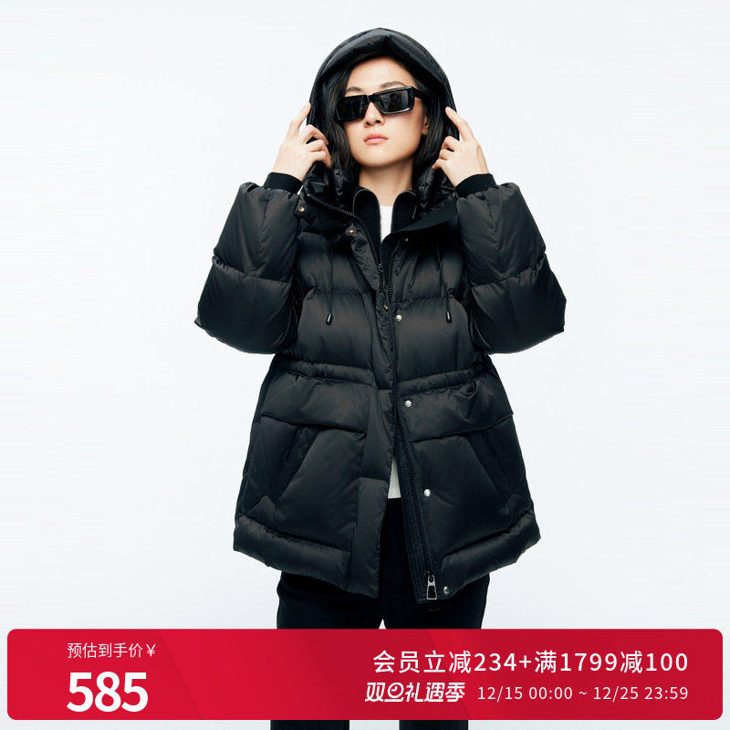 婉甸2025年冬季新品黑色中长款女保暖带帽立领羽绒服1244D36SX5