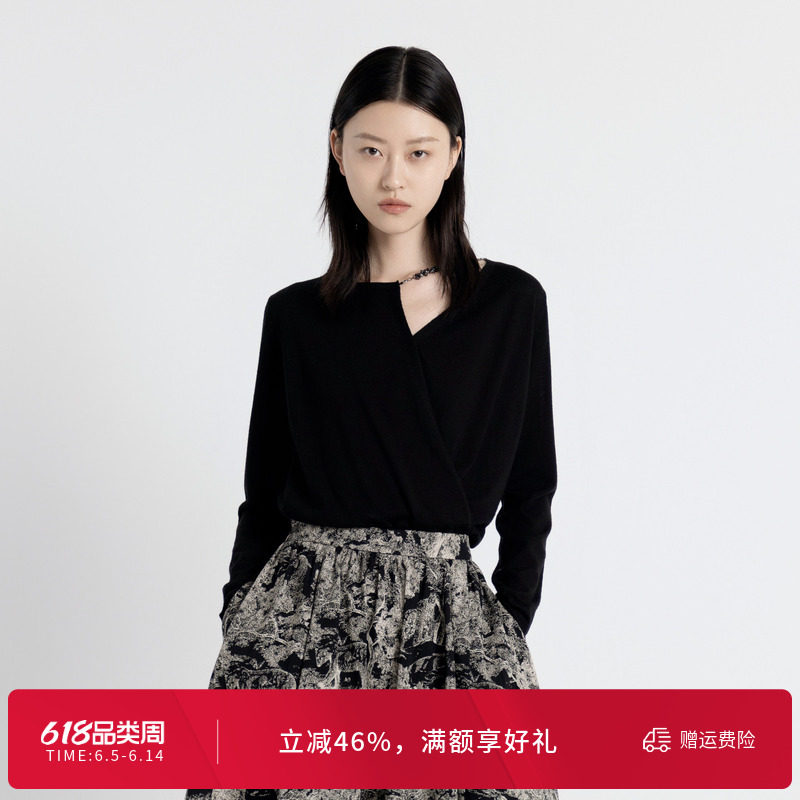 婉甸秋耀石黑长袖毛织套头衫长袖上衣针织衫1243W13RJ3