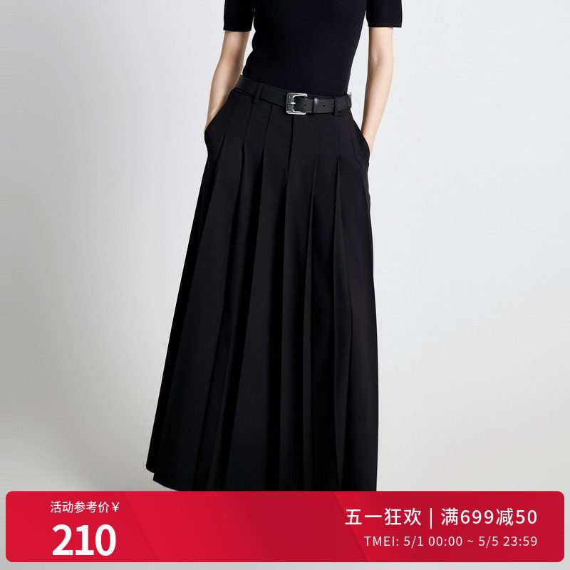 婉甸秋耀石黑直筒百褶长裙高腰显瘦半身裙1243K02GL2