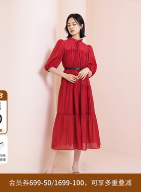 婉甸夏季假日红短袖连衣裙1242N04RJ3YX