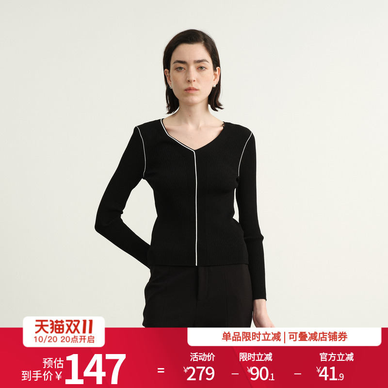 婉甸2025年秋季新品耀石黑V领毛织简约打底衫套头衫1243W21GL2